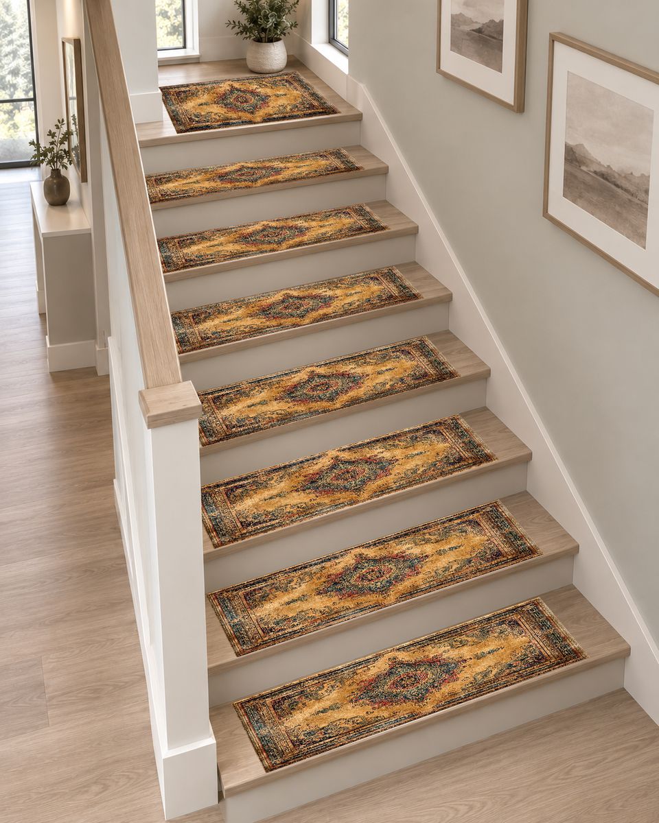 Mustard and Rust Vintage Medallion non-slip stair mat