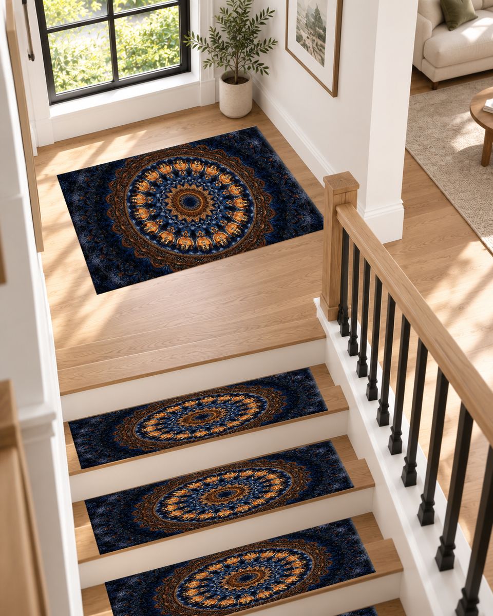 Navy and Gold Concentric Mandala non-slip stair mat
