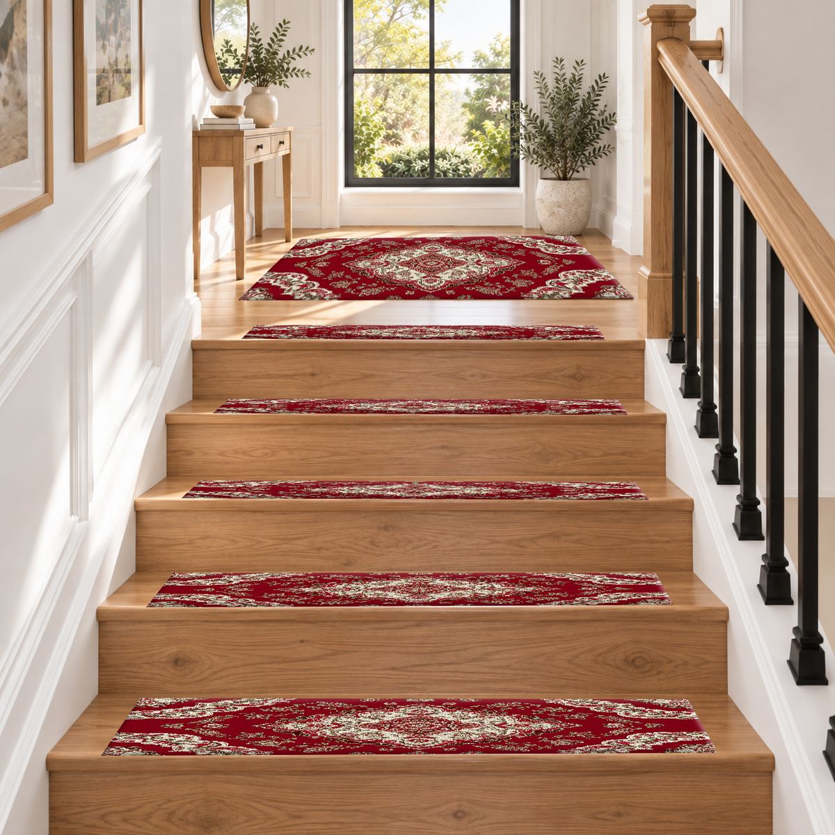 Crimson and Ivory Floral Persian non-slip stair mat