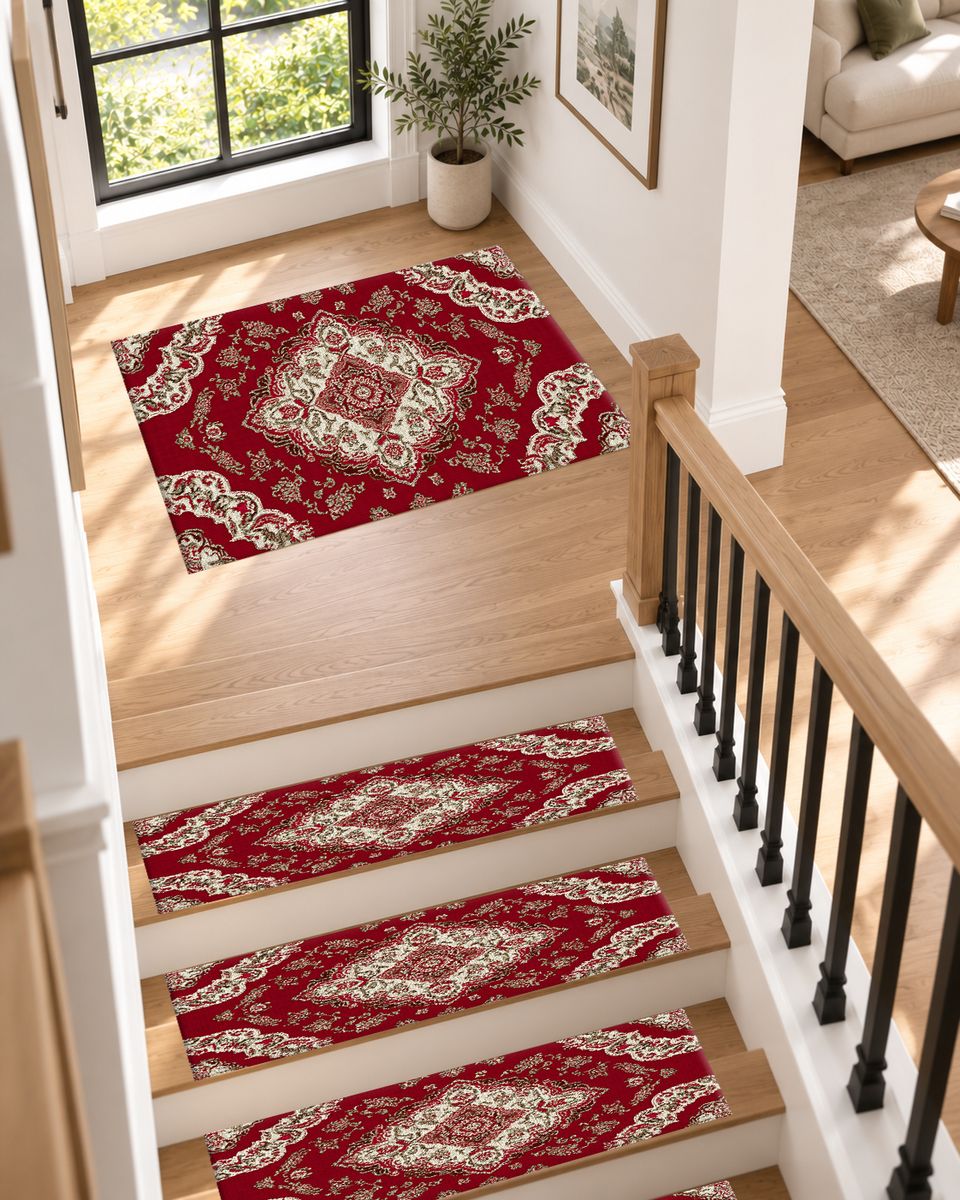 Crimson and Ivory Floral Persian non-slip stair mat