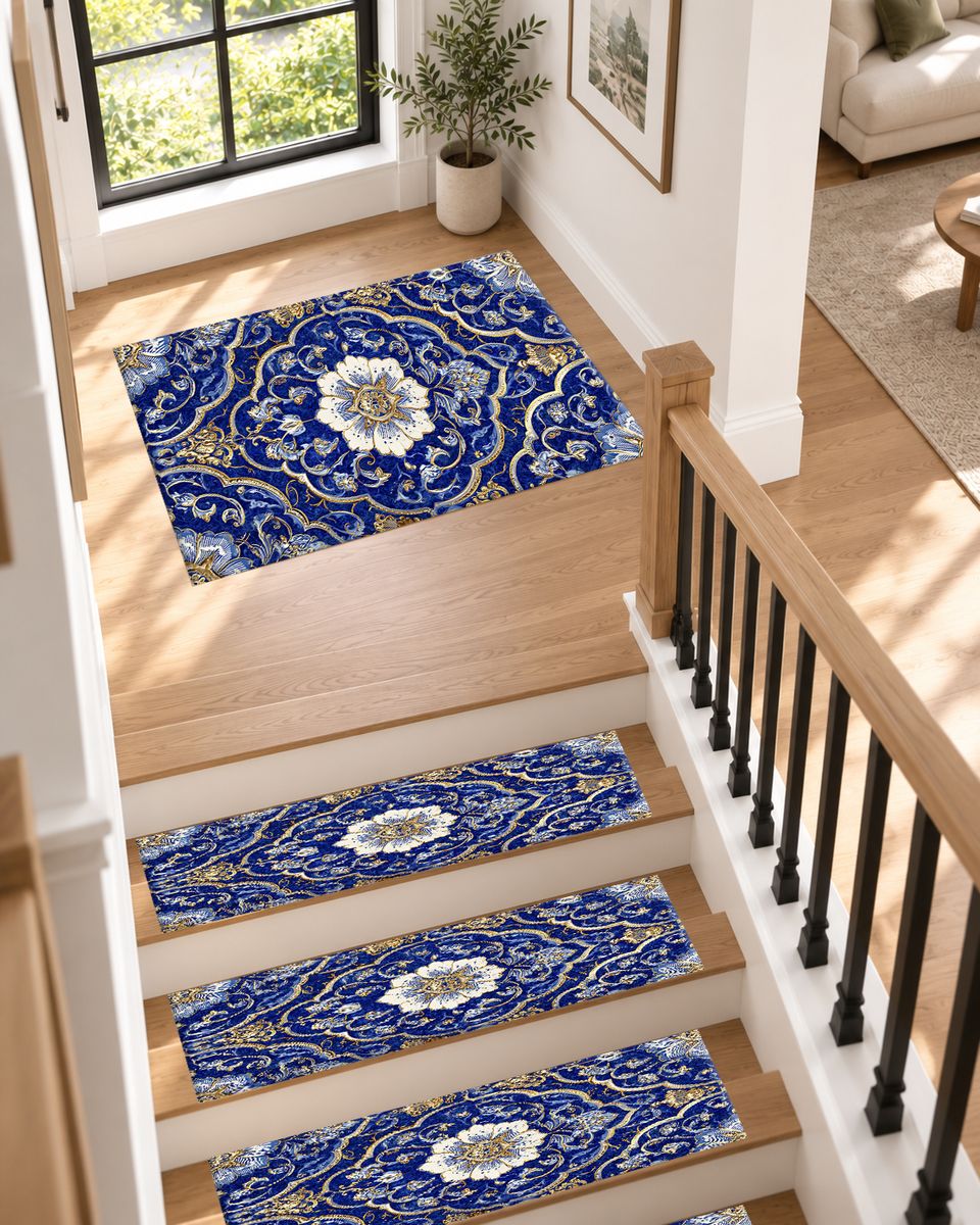 Cobalt Blue and Gold Floral Medallion non-slip stair mat