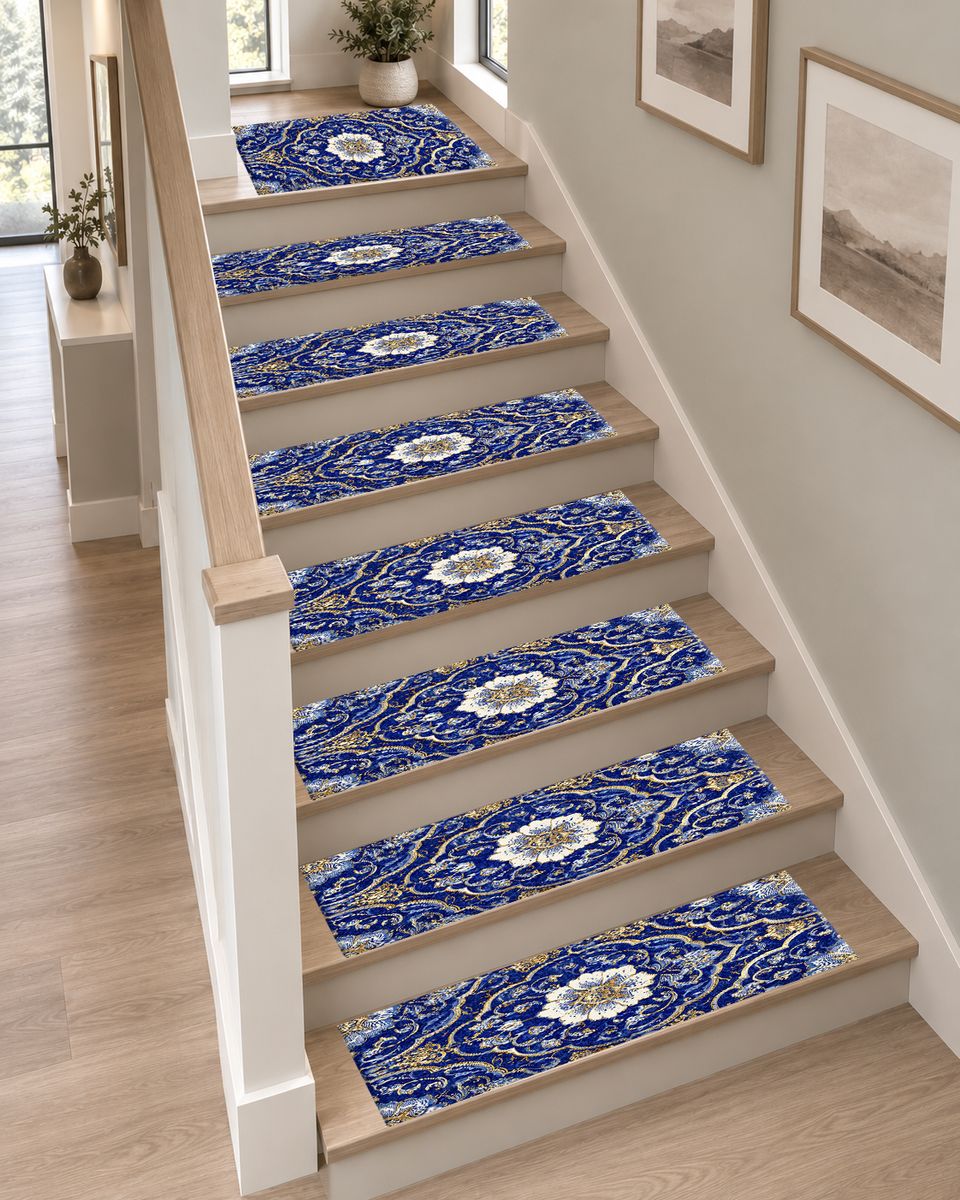 Cobalt Blue and Gold Floral Medallion non-slip stair mat