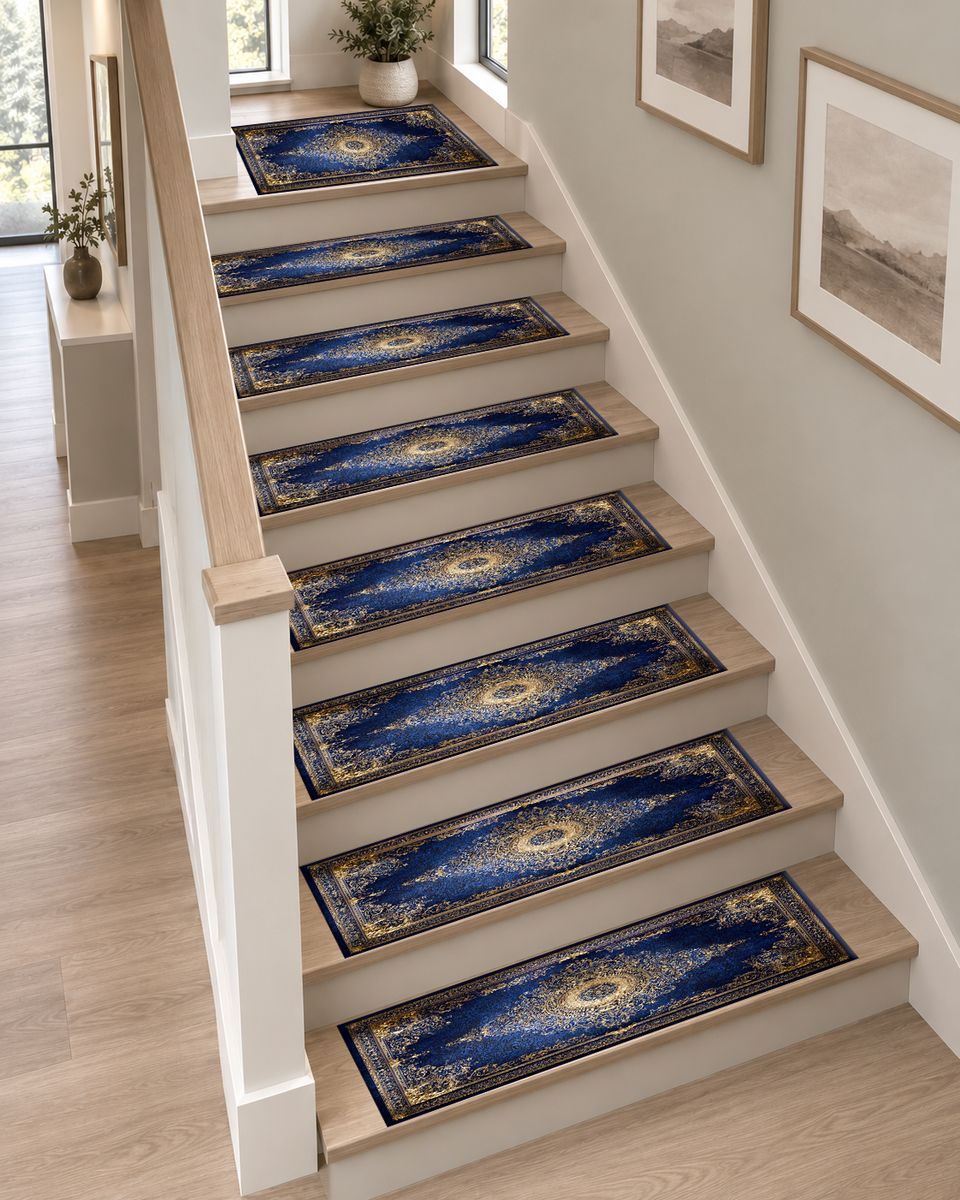 Royal Blue and Gold Luxury Medallion non-slip stair mat