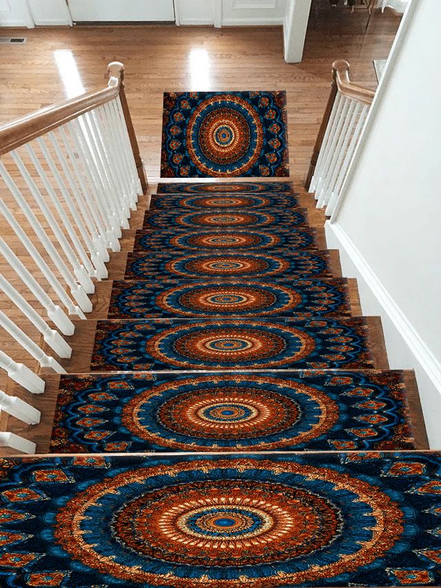 Navy and Orange Boho Mandala non-slip stair mat