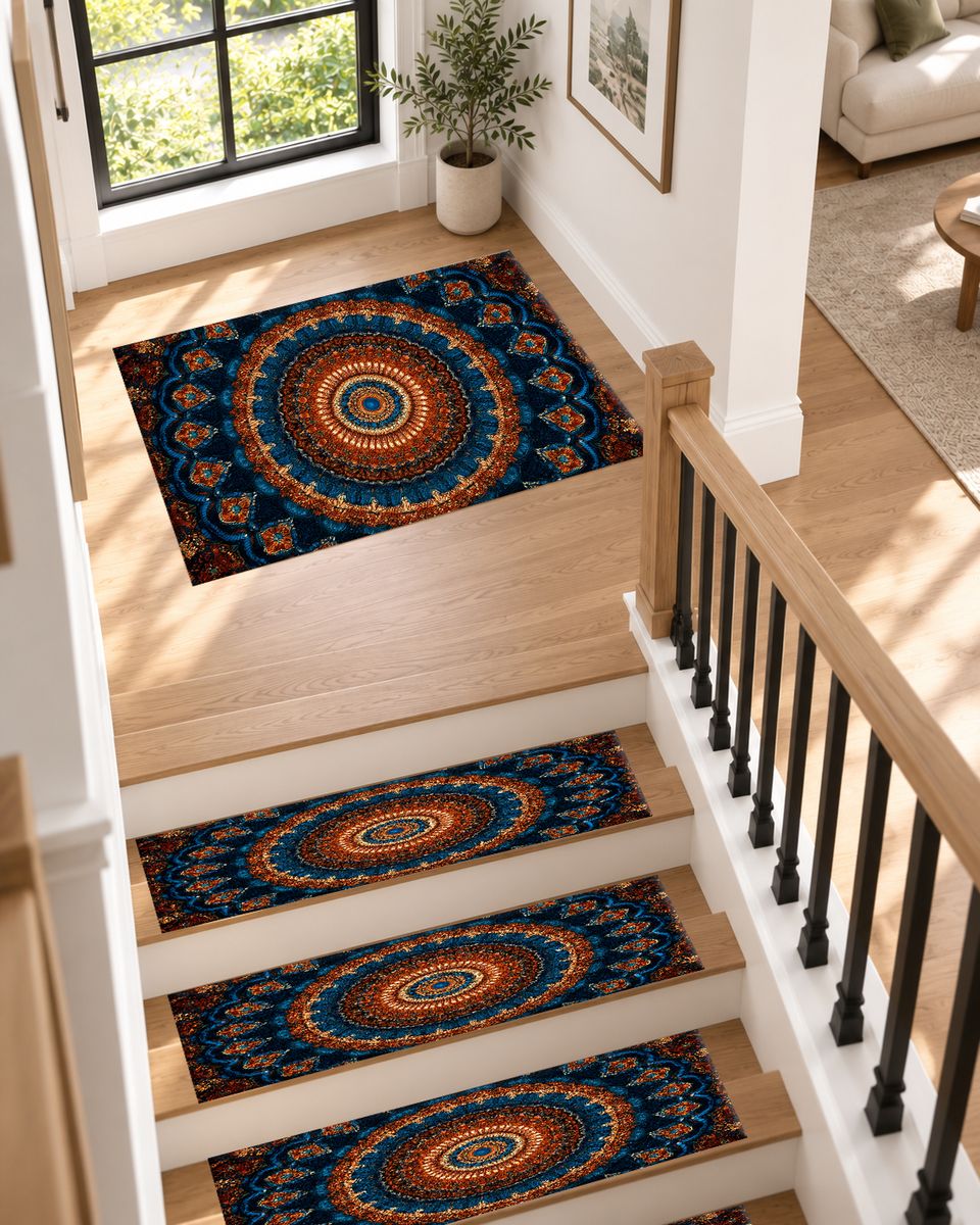 Navy and Orange Boho Mandala non-slip stair mat