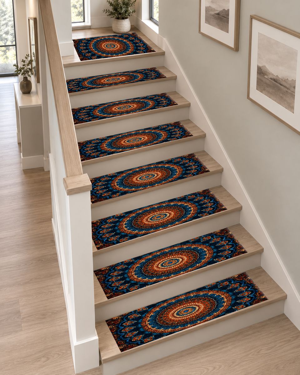 Navy and Orange Boho Mandala non-slip stair mat