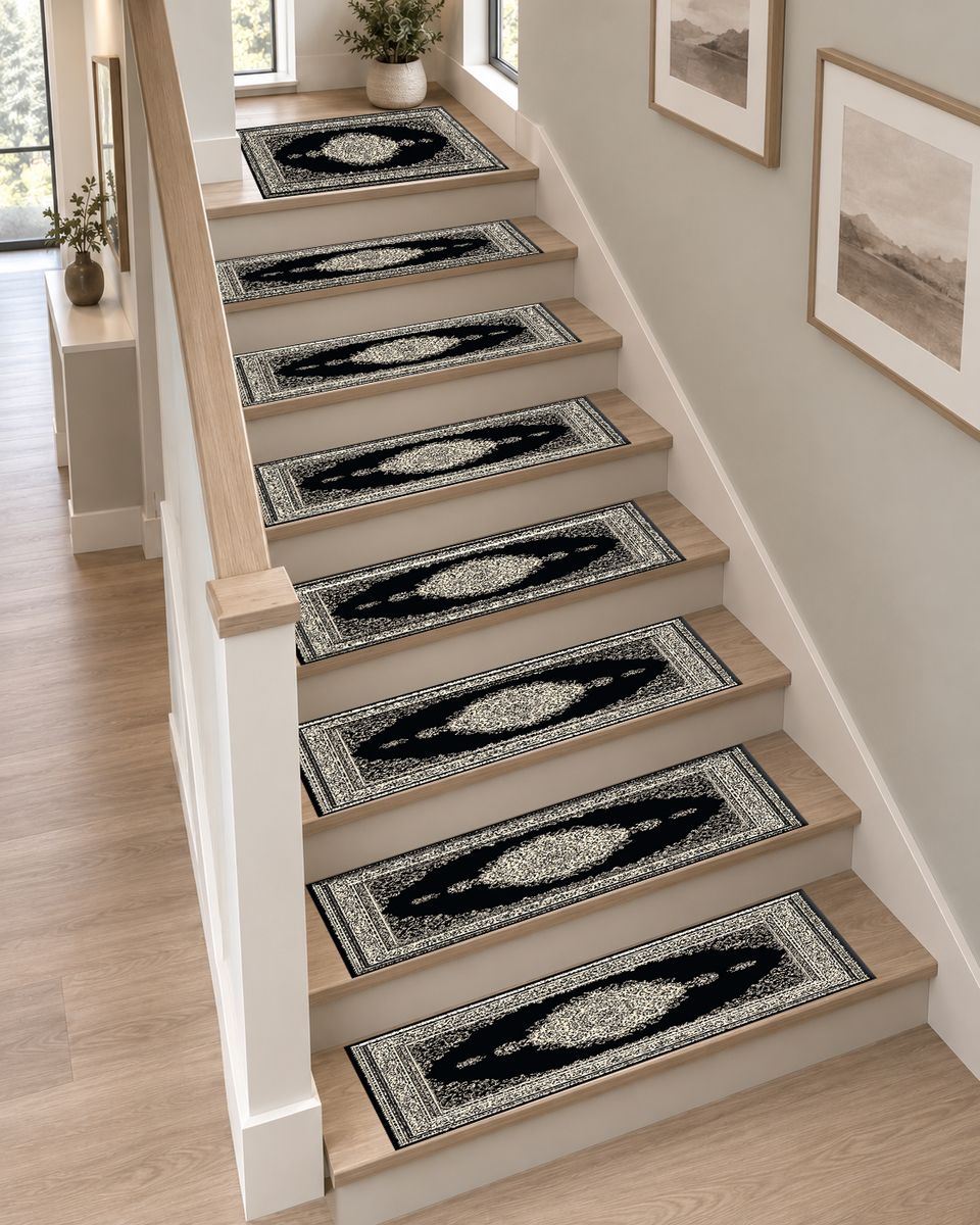Black and Silver Classic Medallion non-slip stair mat