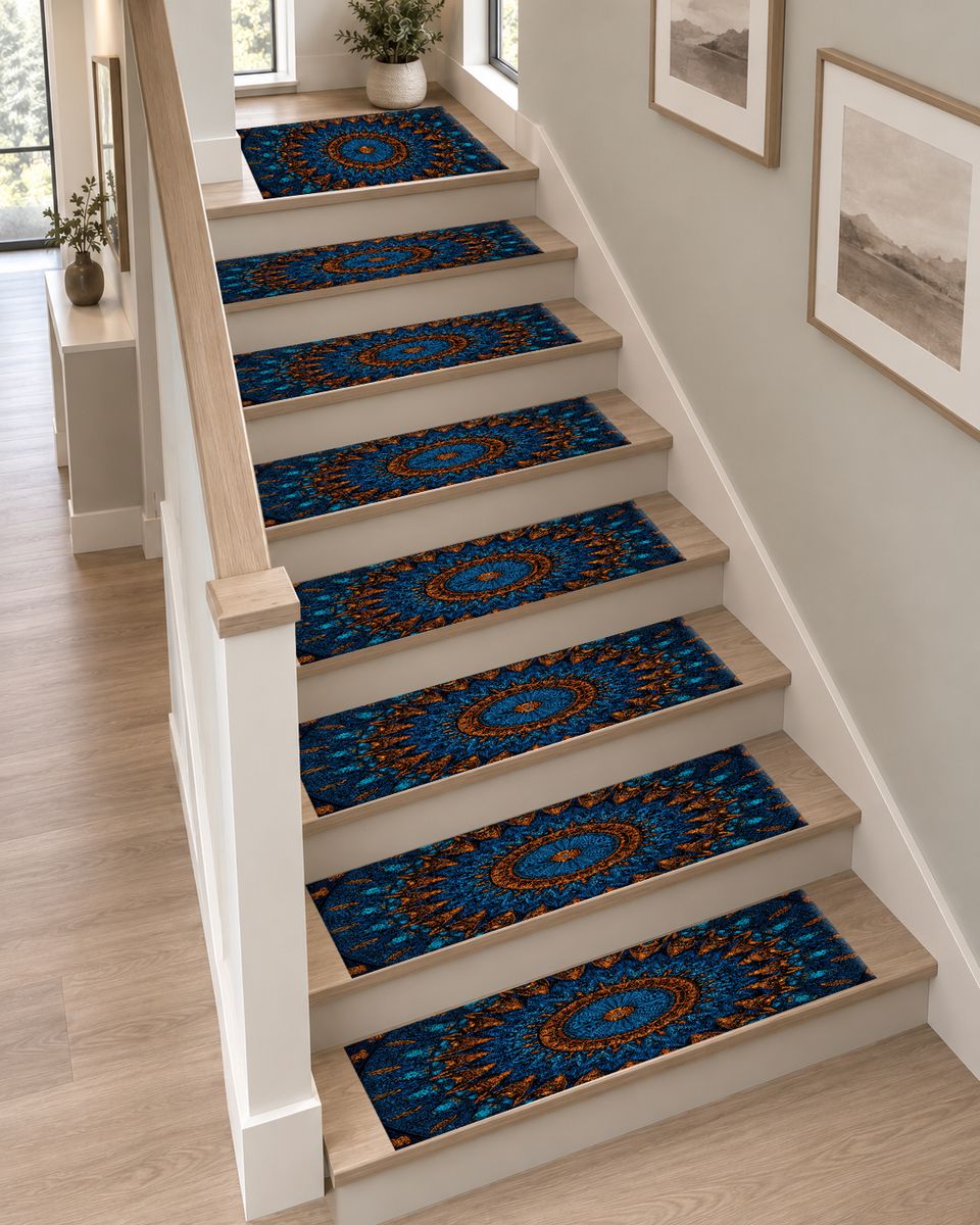 Blue and Copper Starburst Mandala non-slip stair mat
