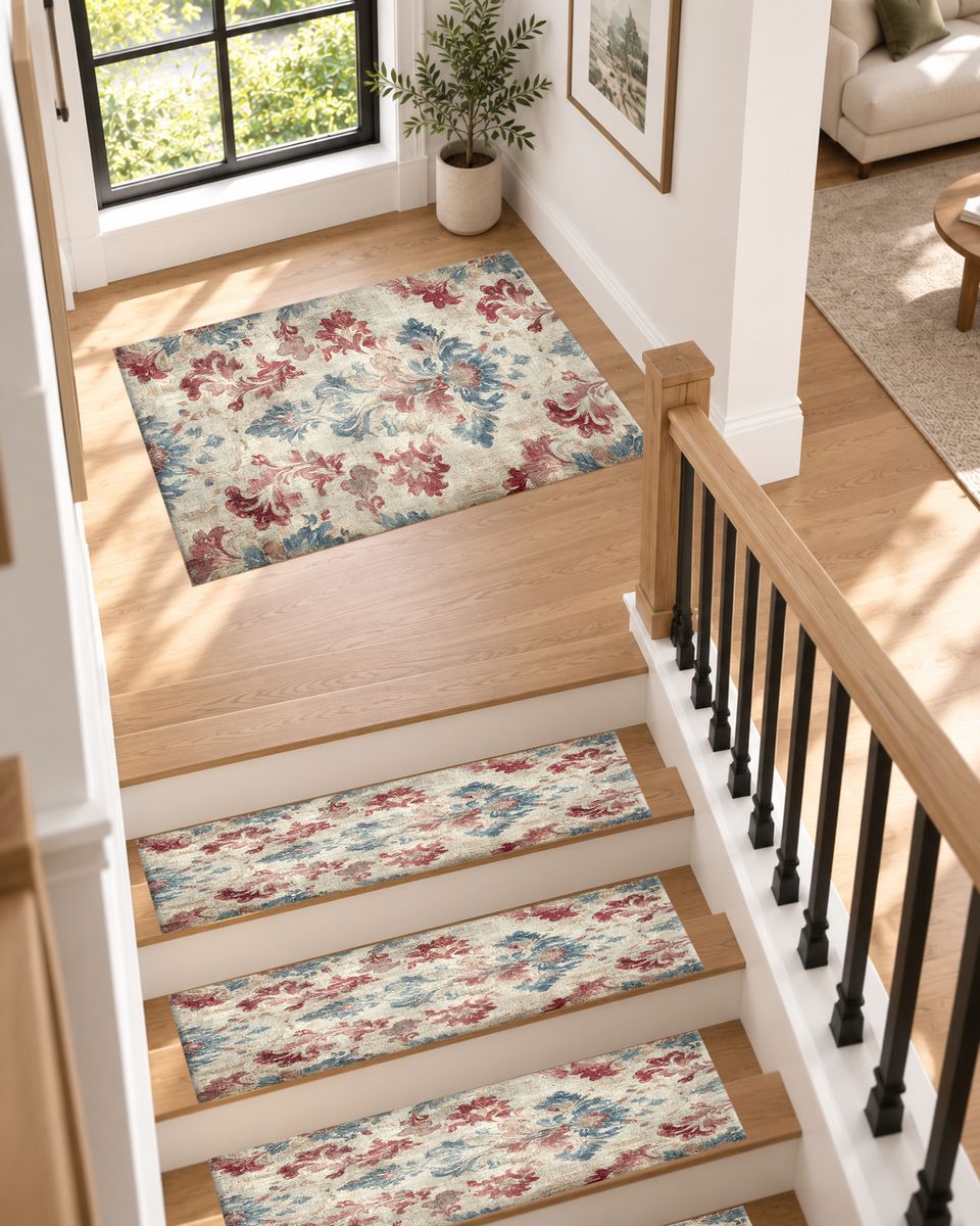 Faded Red and Blue Damask non-slip stair mat