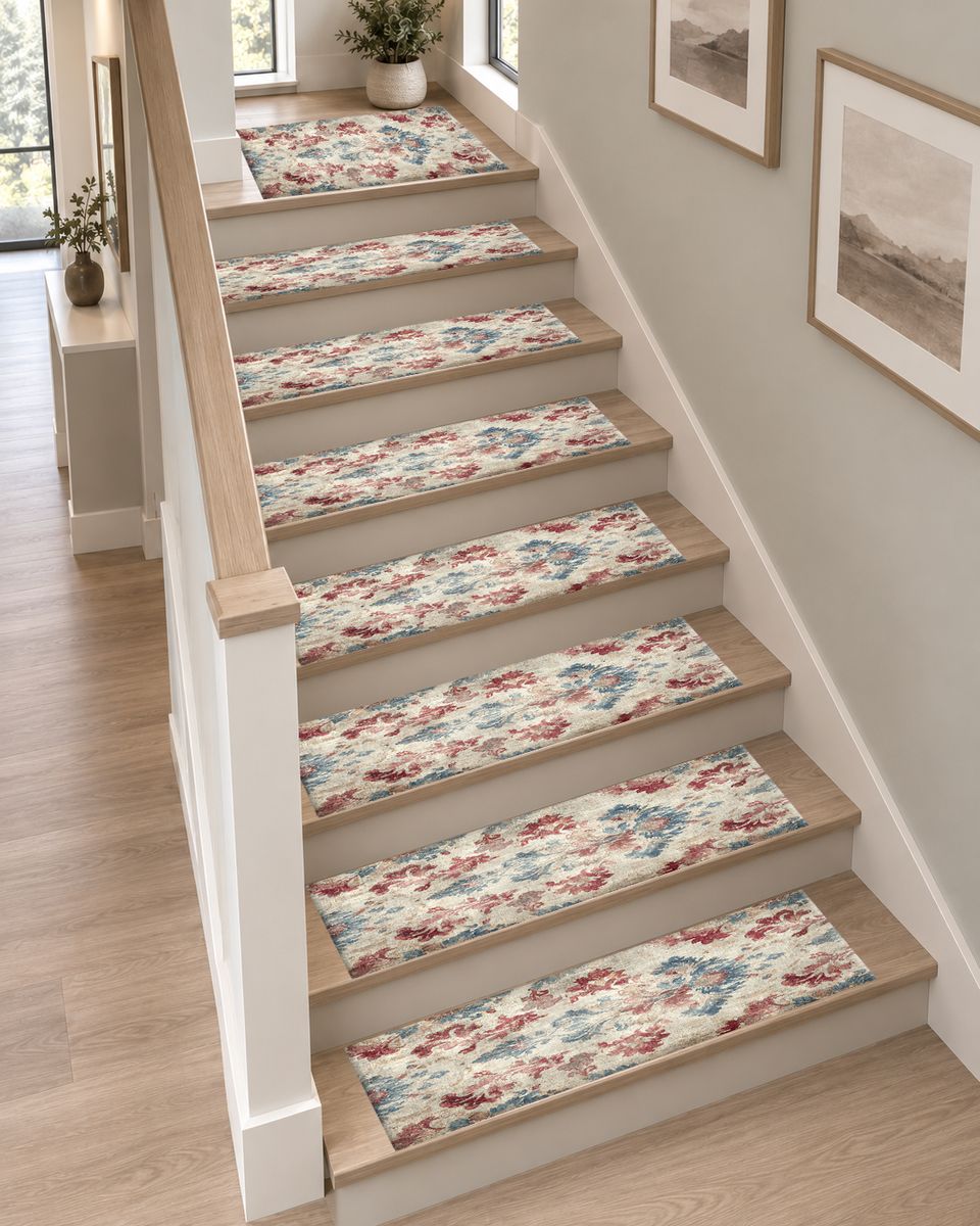 Faded Red and Blue Damask non-slip stair mat