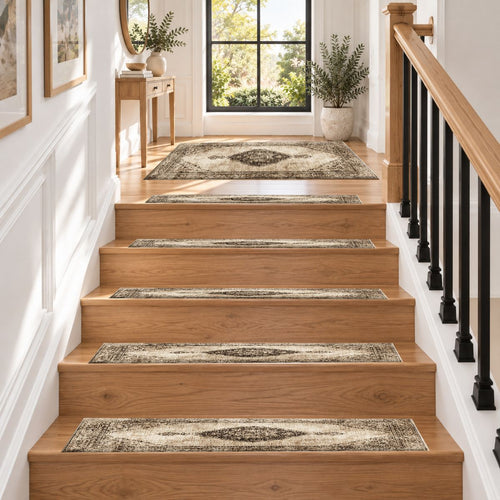 Beige and Brown Faded Vintage Medallion non-slip stair mat