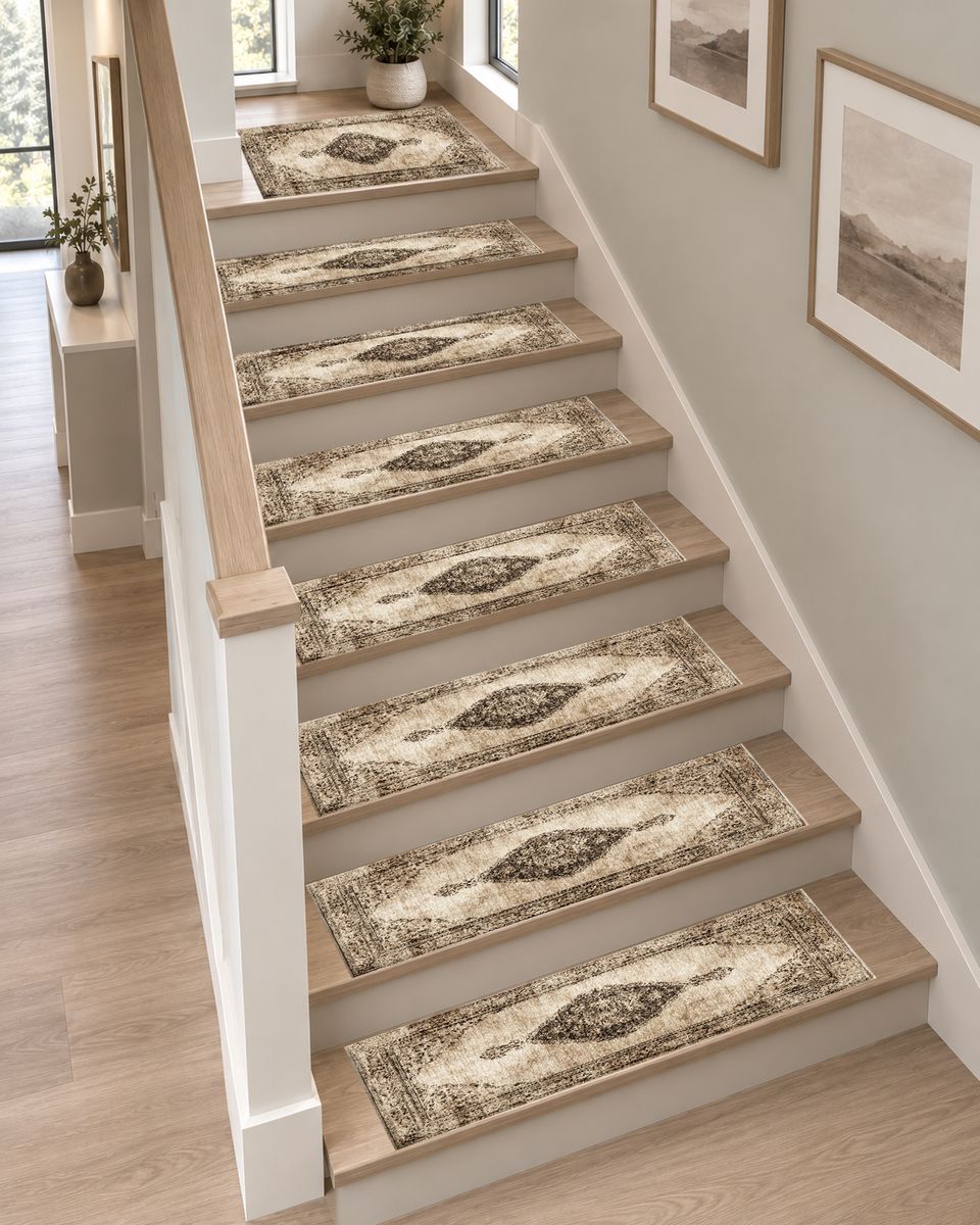 Beige and Brown Faded Vintage Medallion non-slip stair mat