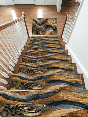Tiger in Marble Swirls Stair Treads, Non-Slip Stair Mat Set