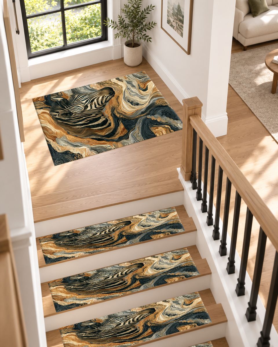 Zebra in Golden Marble Waves non-slip stair mat