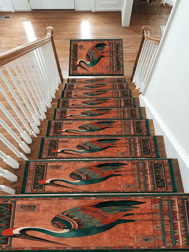 Rust Heron Bird Folk Art non-slip stair mat