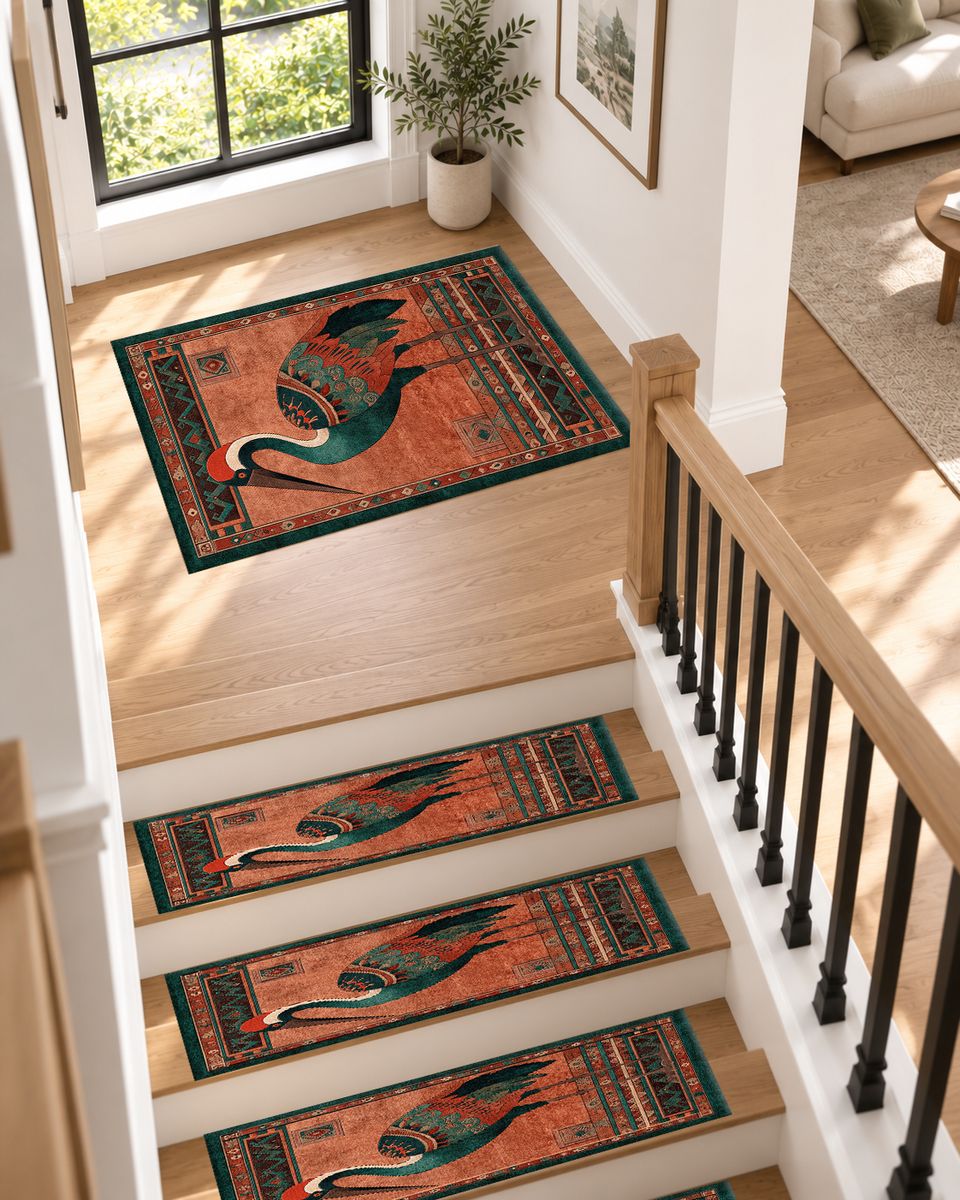 Rust Heron Bird Folk Art non-slip stair mat