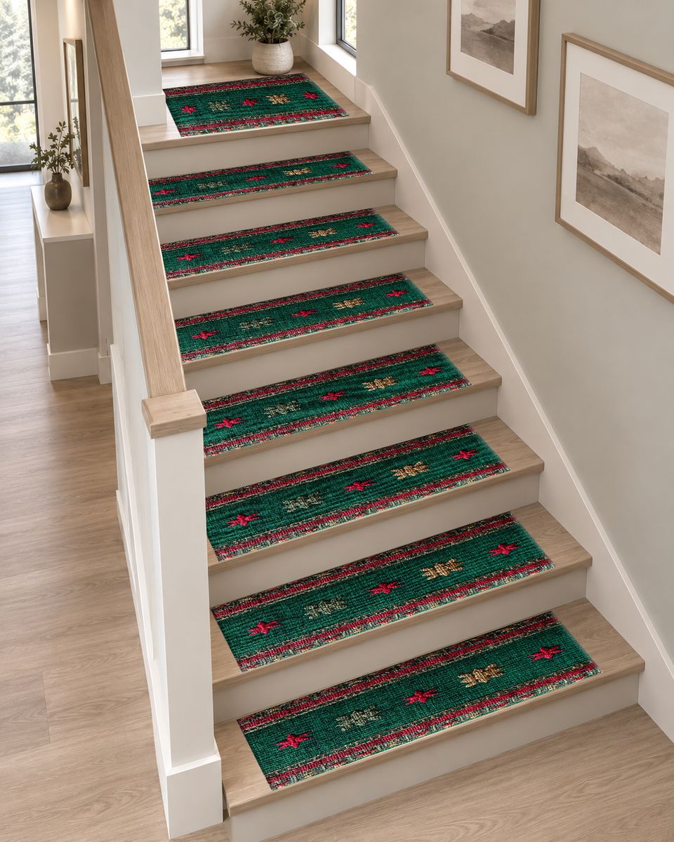 Green and Red Floral Embroidered Runner non-slip stair mat