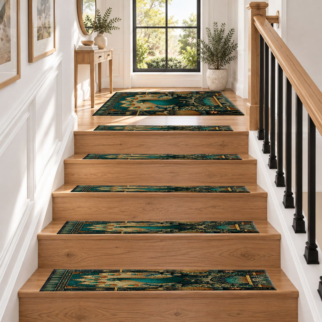 Teal Peacock Art Deco non-slip stair mat
