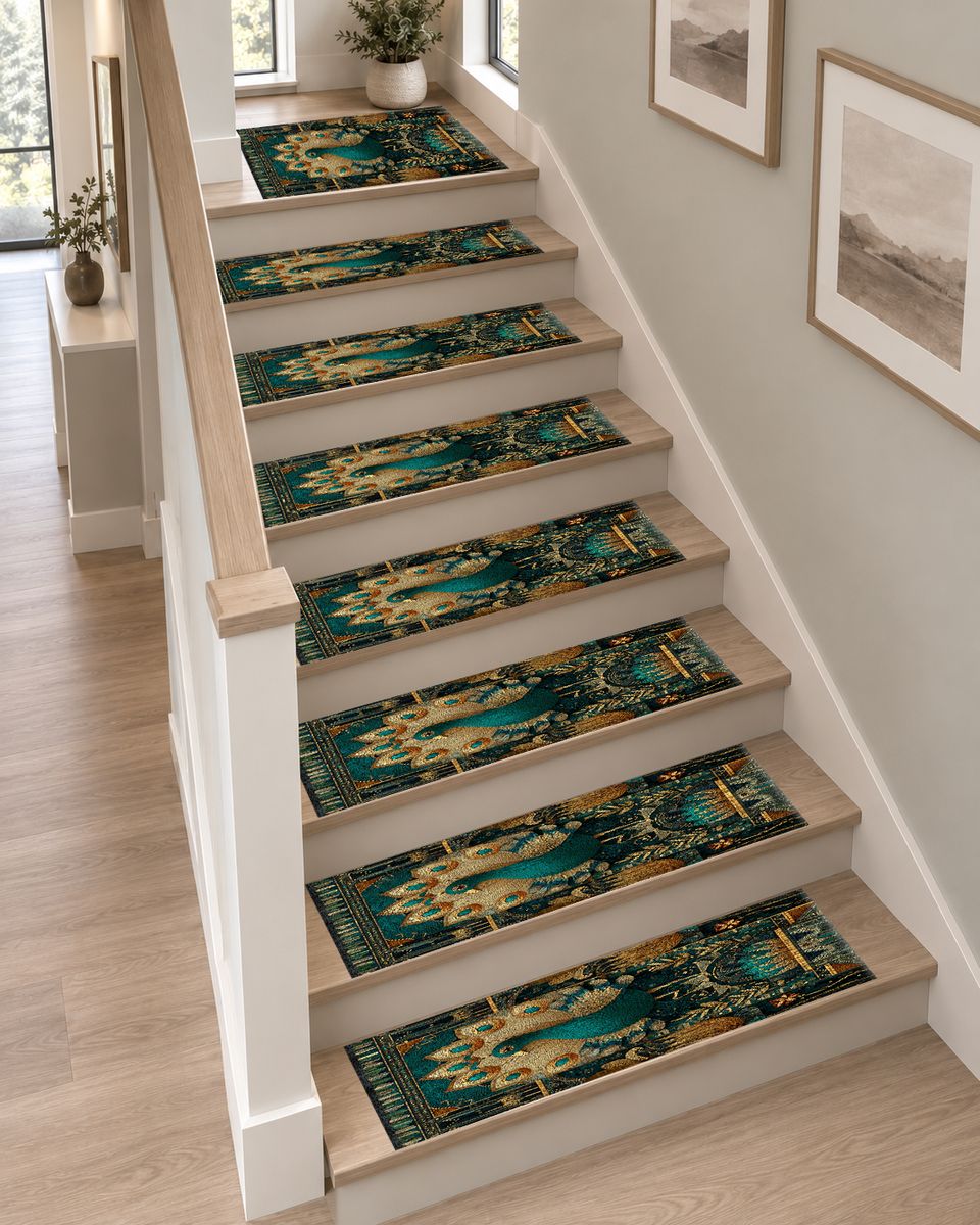 Teal Peacock Art Deco non-slip stair mat