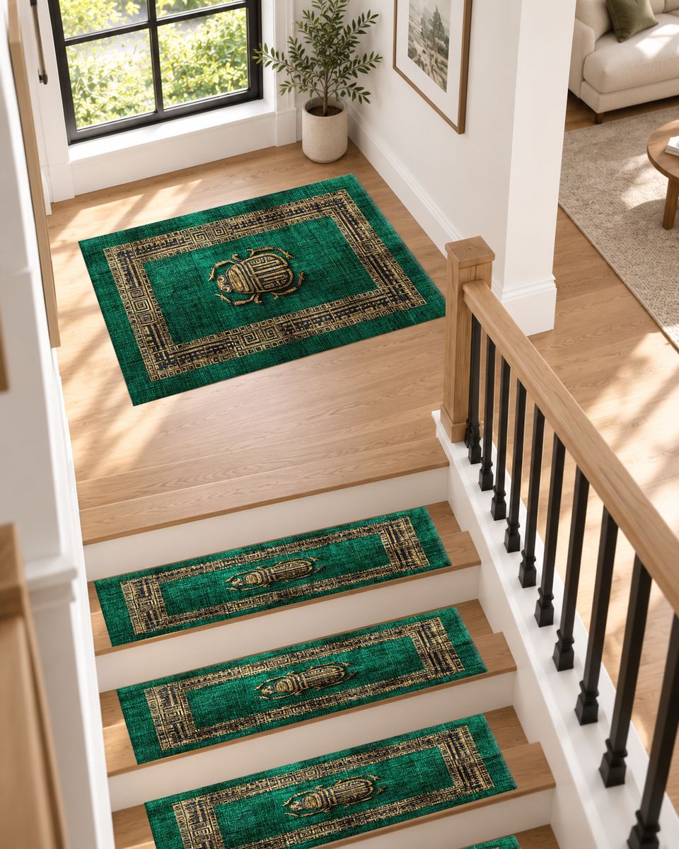 Emerald Scarab Minimalist Greek Key non-slip stair mat