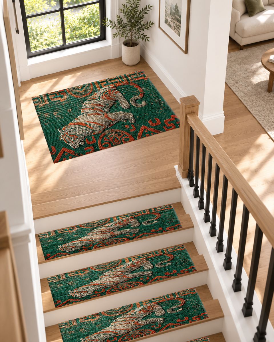 Teal Tiger Folk Art non-slip stair mat