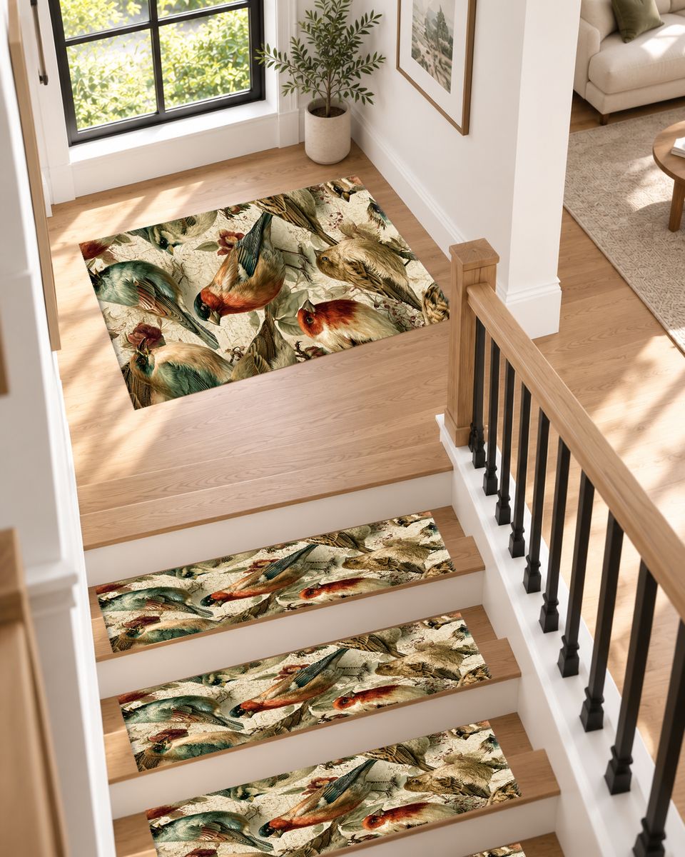 Cream Vintage Songbird Pattern non-slip stair mat