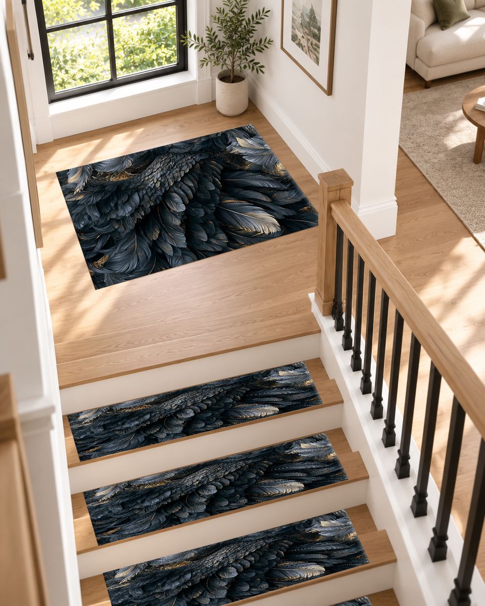 Midnight Raven Feathers non-slip stair mat