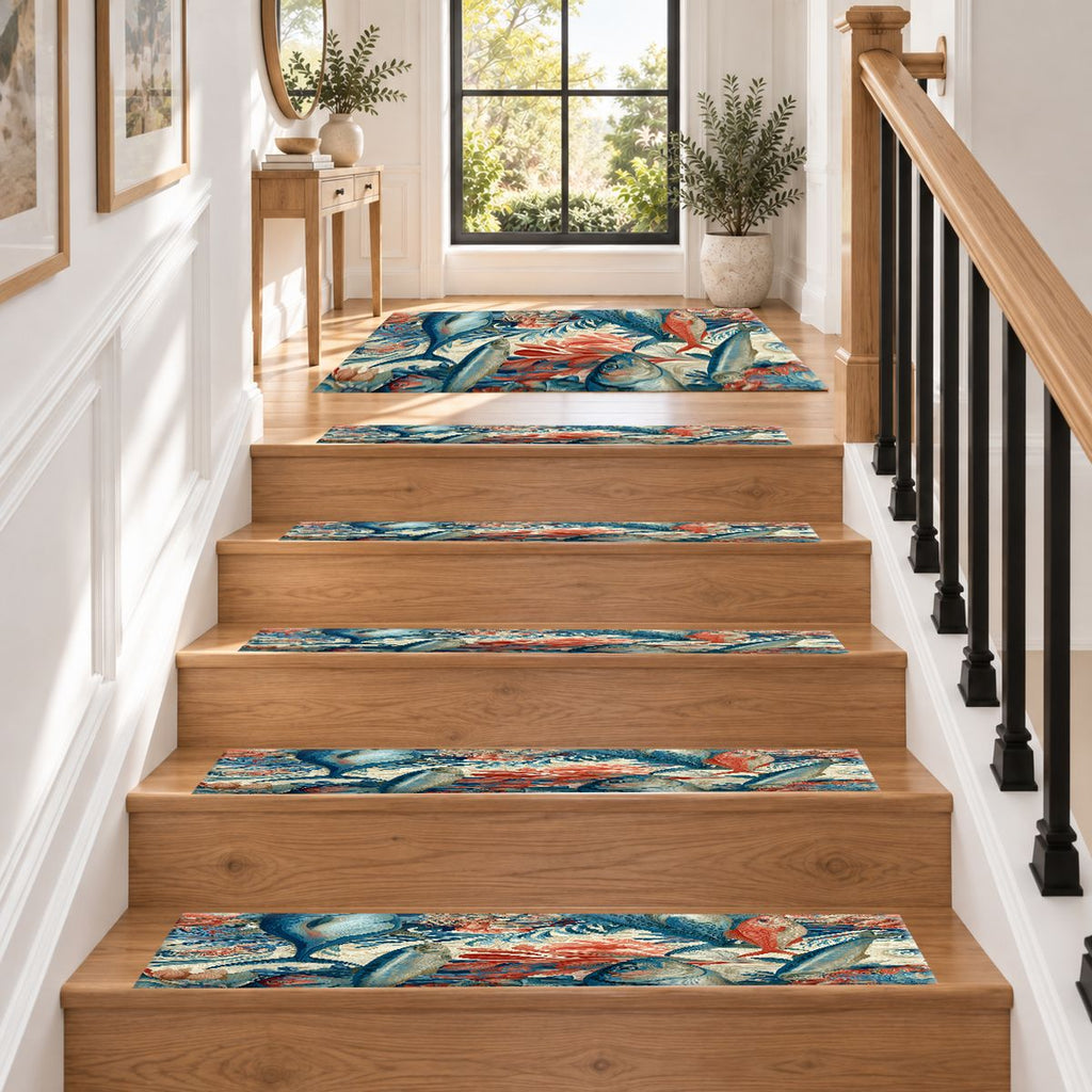 Coral and Blue Fish Pattern non-slip stair mat