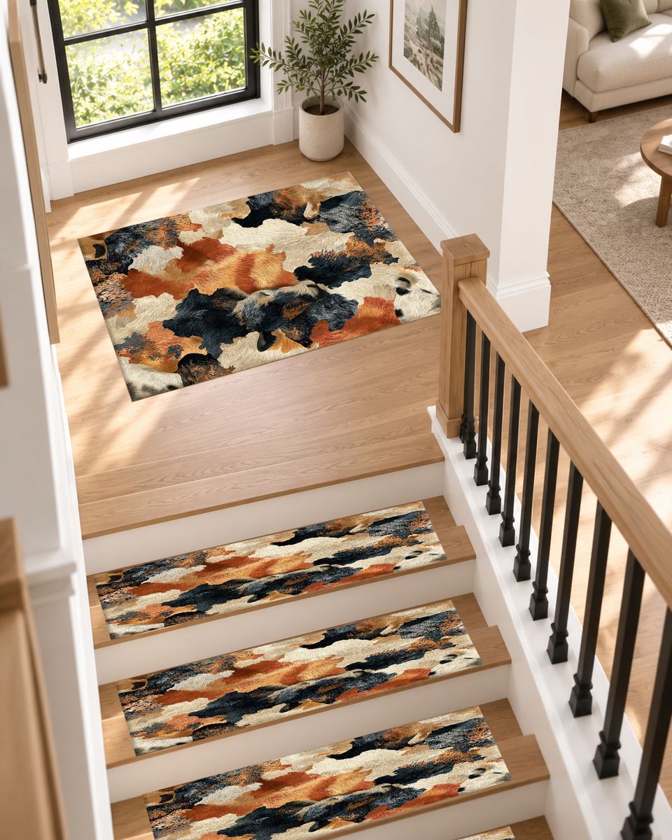 Rust and Cream Abstract Cowhide non-slip stair mat