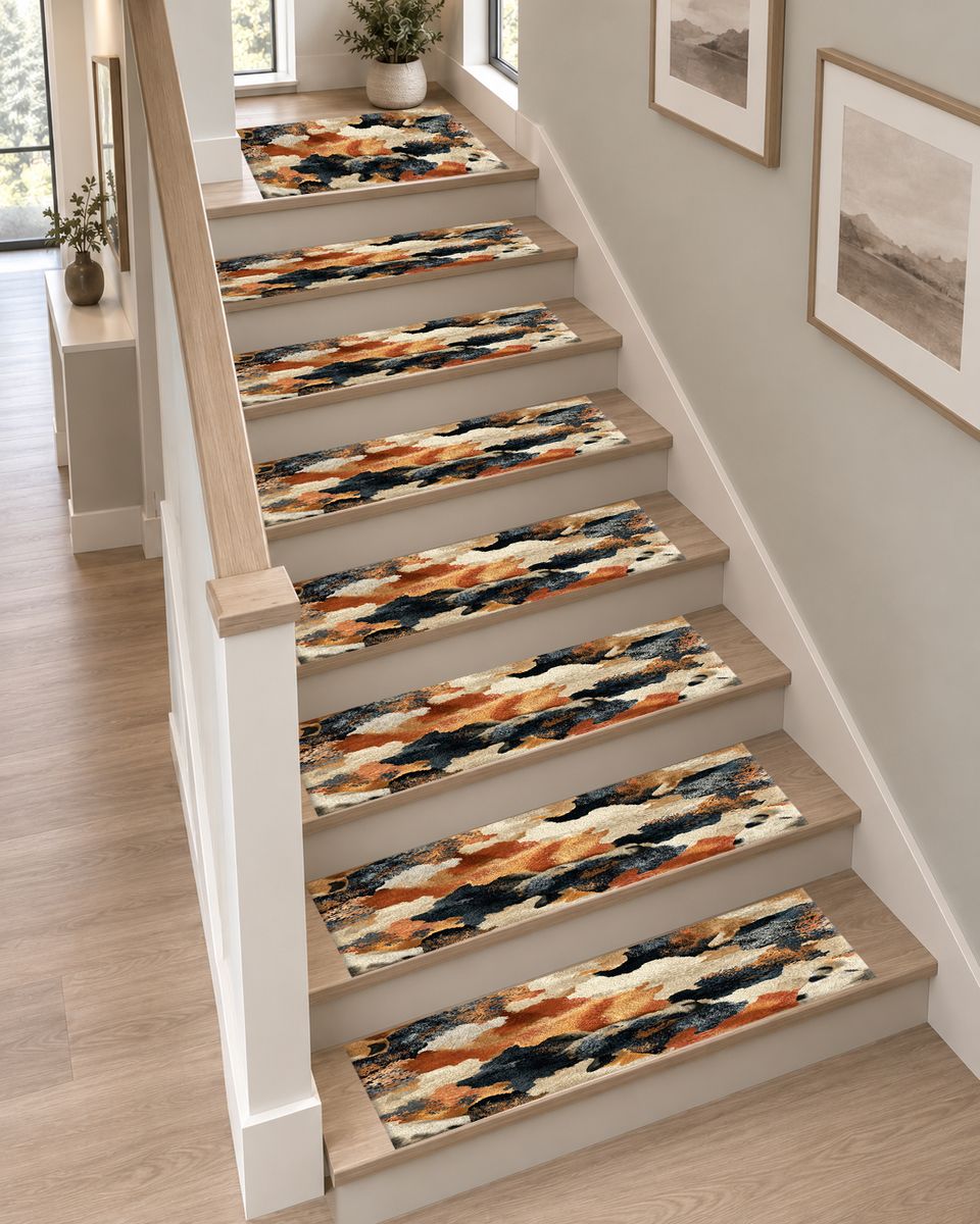 Rust and Cream Abstract Cowhide non-slip stair mat