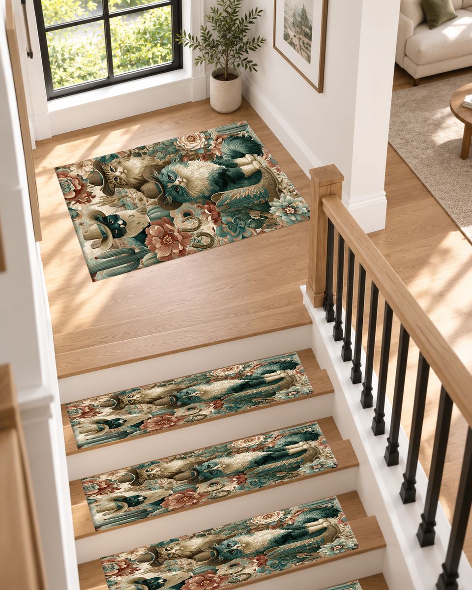 Cowboy Cats Western Floral non-slip stair mat