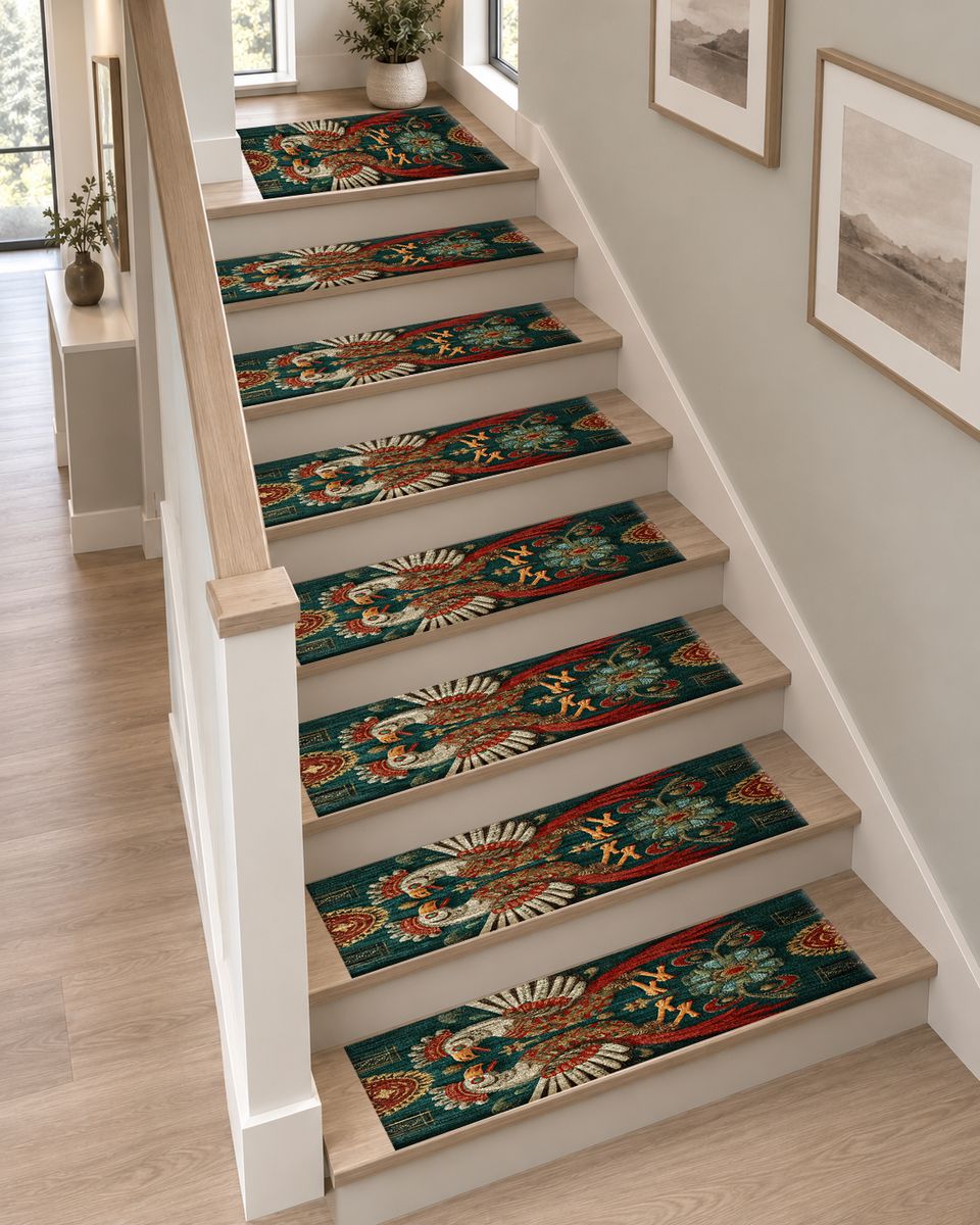Teal Folk Art Roosters non-slip stair mat