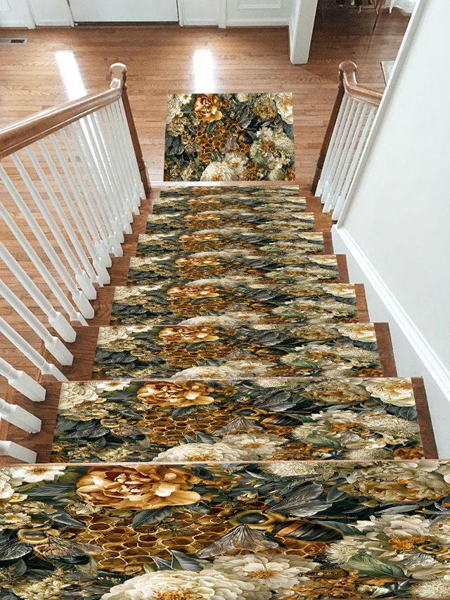Gold Peony and Honeycomb non-slip stair mat