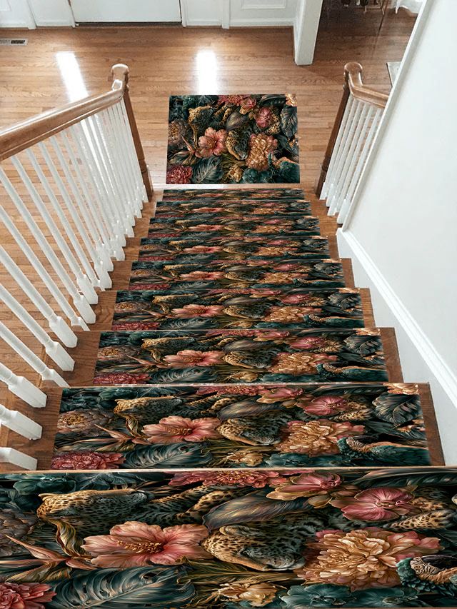 Leopards in Dark Floral Jungle non-slip stair mat