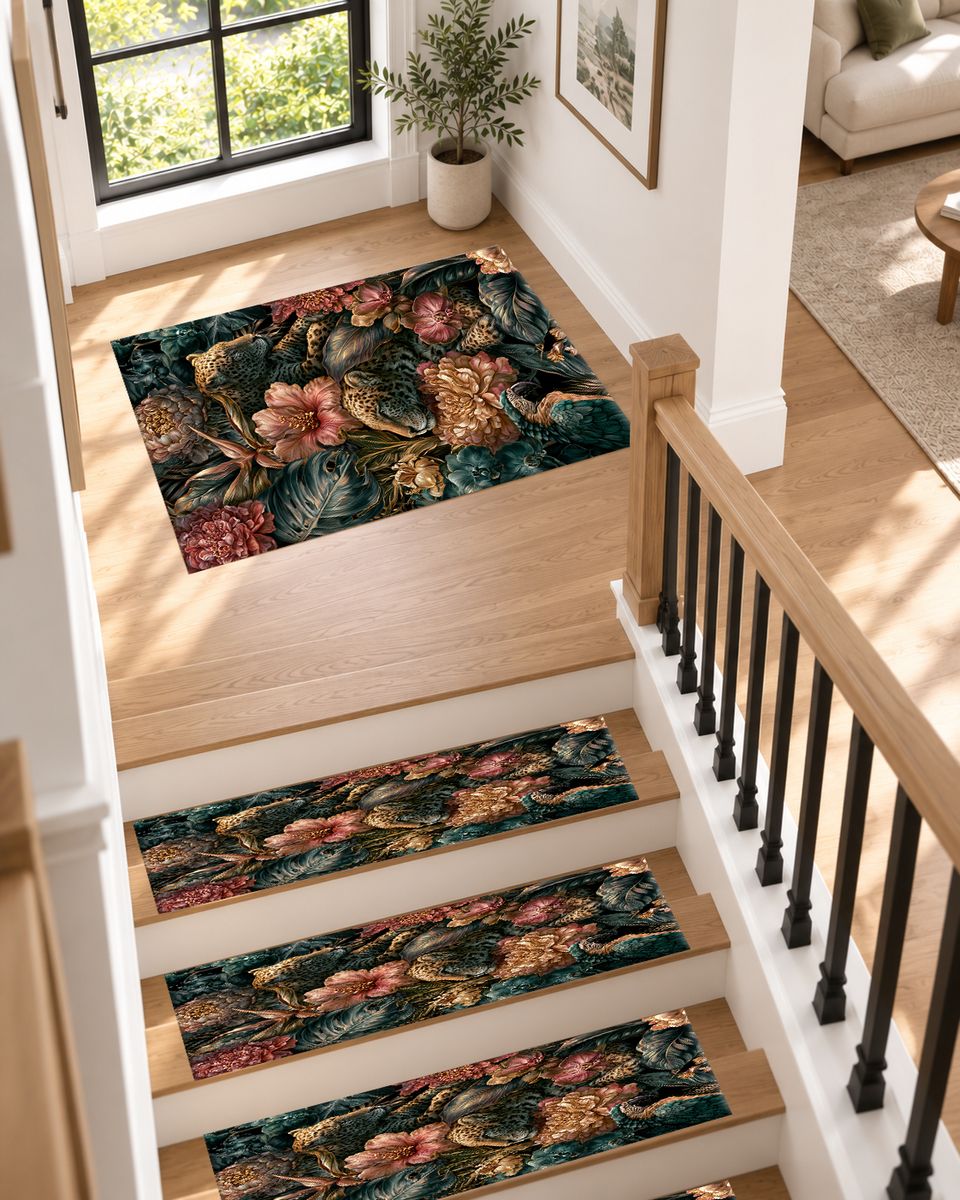 Leopards in Dark Floral Jungle non-slip stair mat