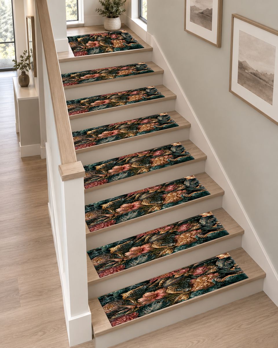 Leopards in Dark Floral Jungle non-slip stair mat