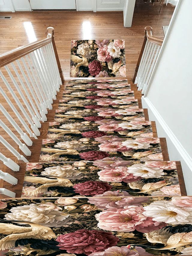 Pink Peony and Heron Floral non-slip stair mat