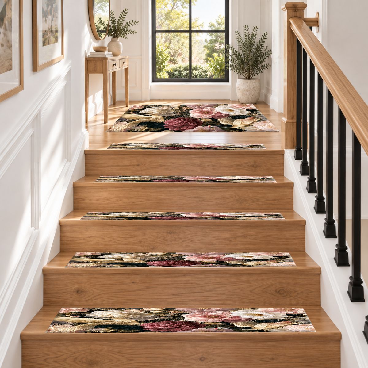 Pink Peony and Heron Floral non-slip stair mat