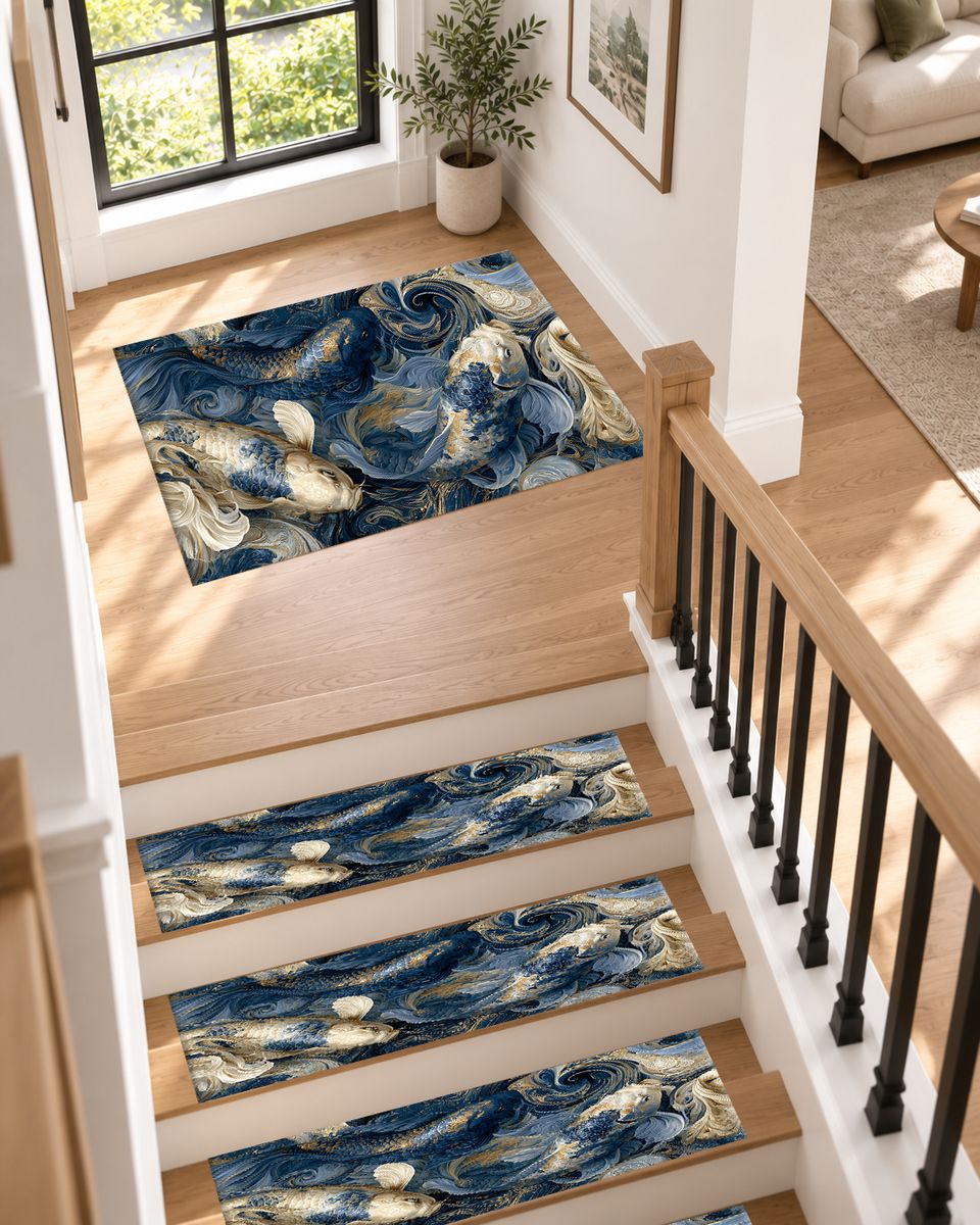 Navy Koi Fish Swirls non-slip stair mat