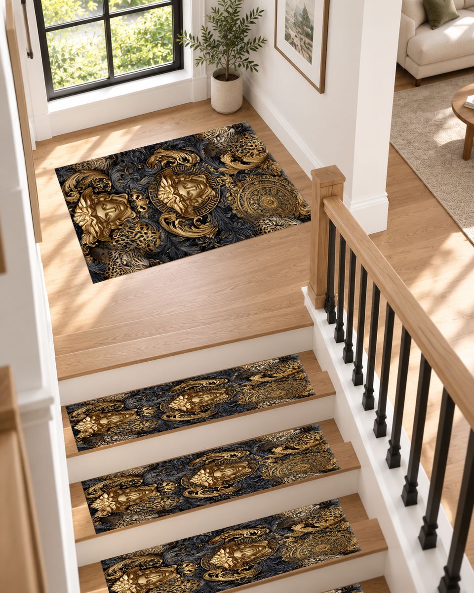 Baroque Gold Medusa and Leopard non-slip stair mat