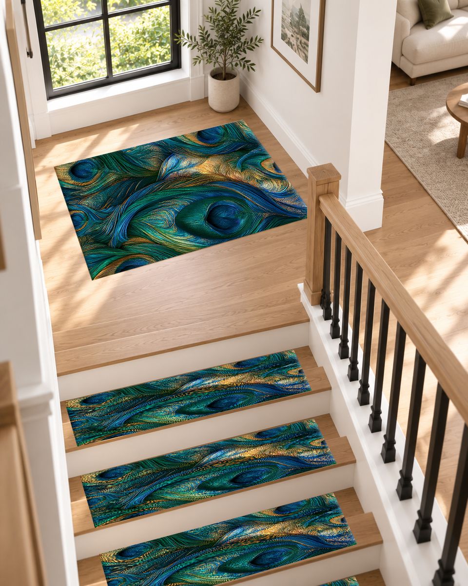 Emerald Peacock Feather Swirl non-slip stair mat