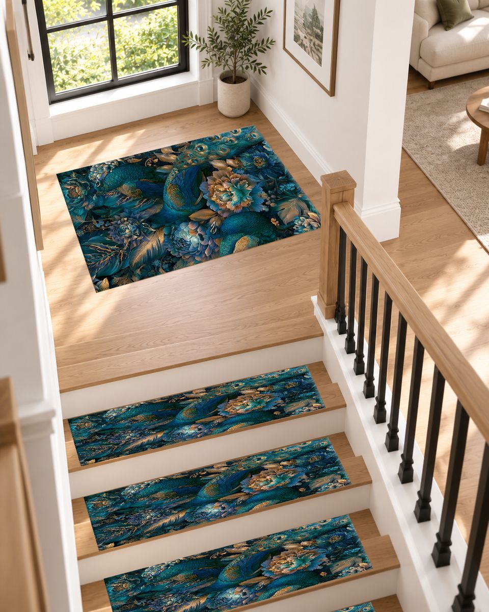 Teal Peacock Floral Garden non-slip stair mat