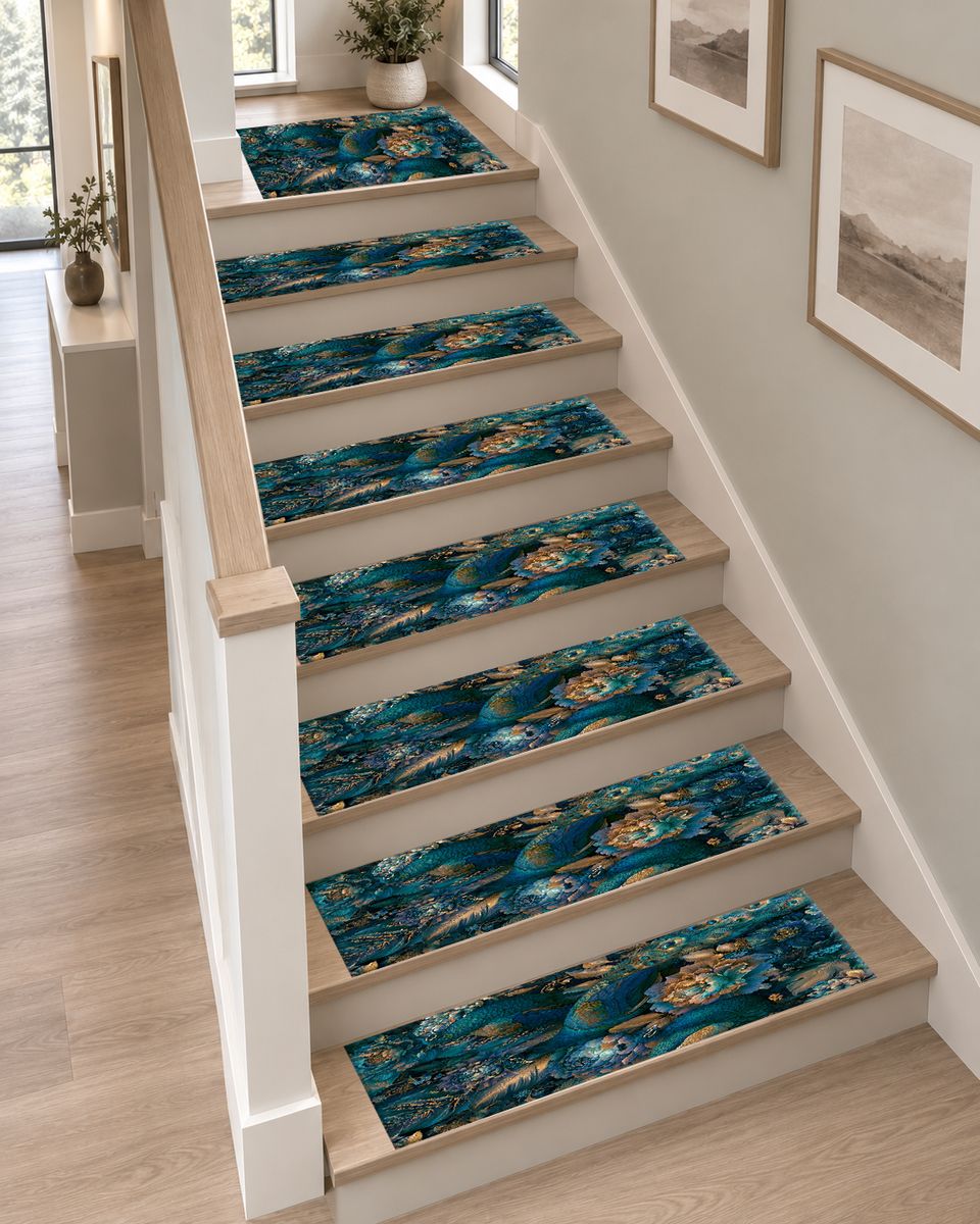 Teal Peacock Floral Garden non-slip stair mat