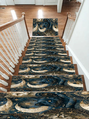 Celestial Black Cat and Moons Stair Treads, Non-Slip Stair Mat Set