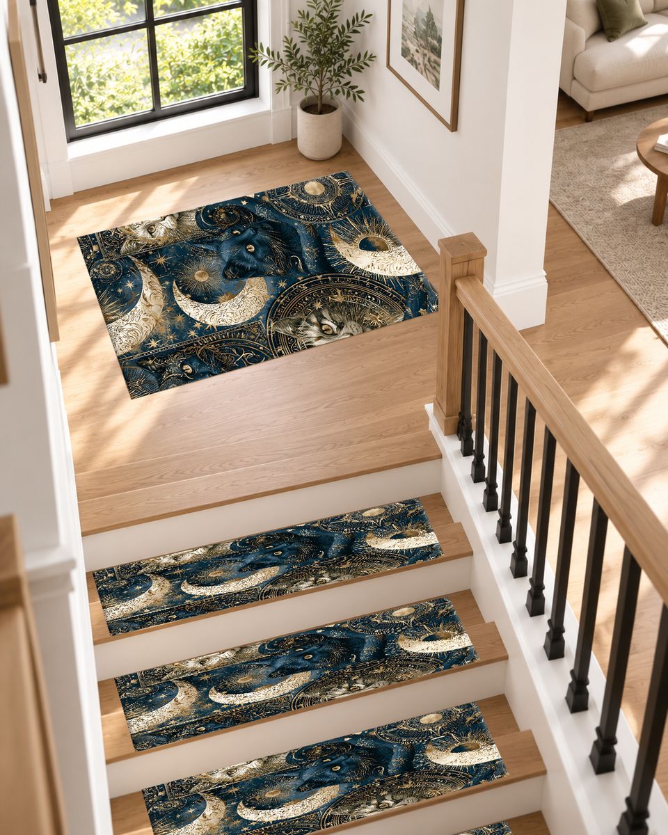 Celestial Black Cat and Moons non-slip stair mat