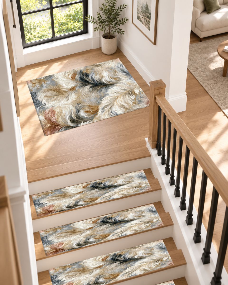 White and Gray Fluffy Fur non-slip stair mat