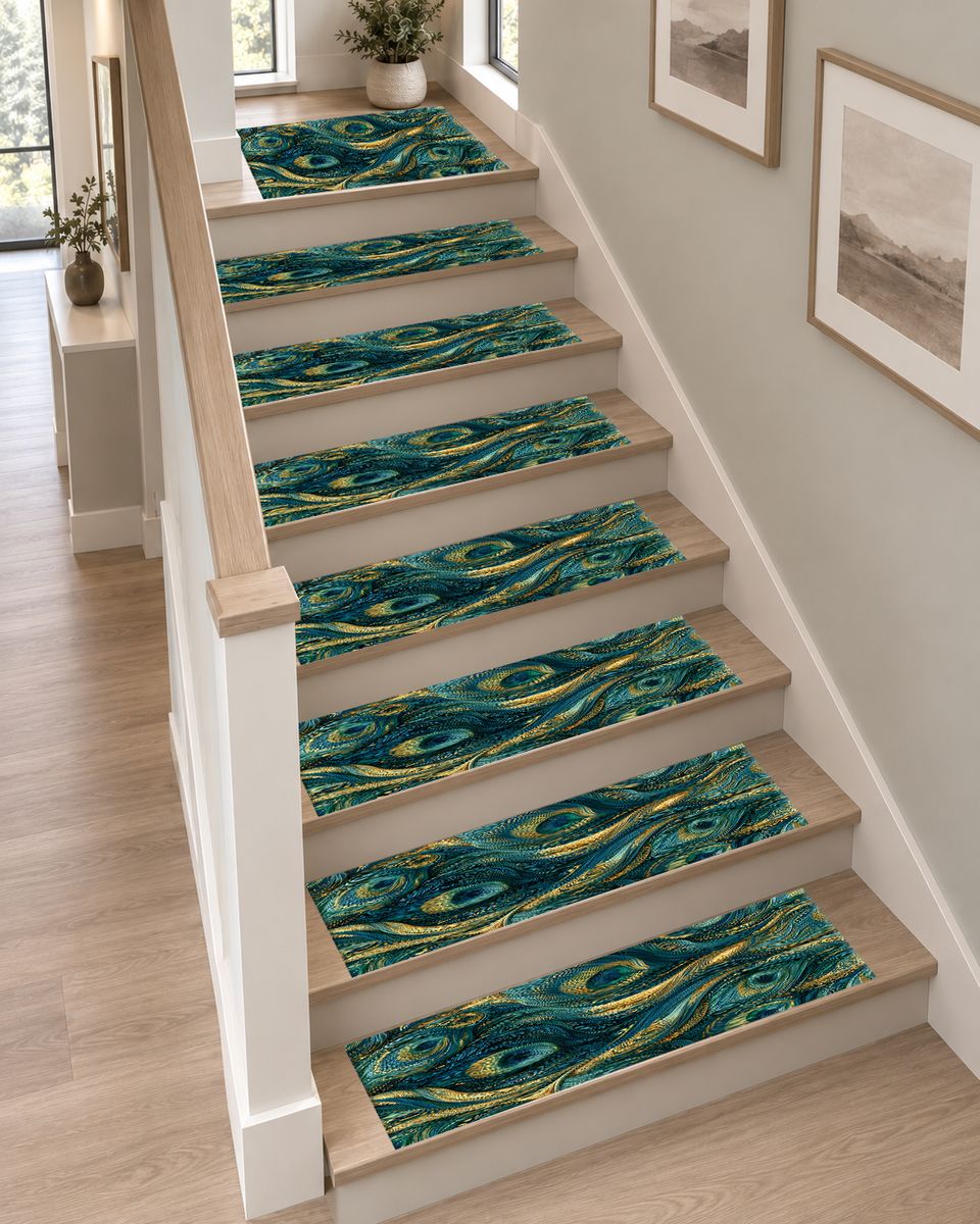 Gold and Teal Peacock Feathers non-slip stair mat