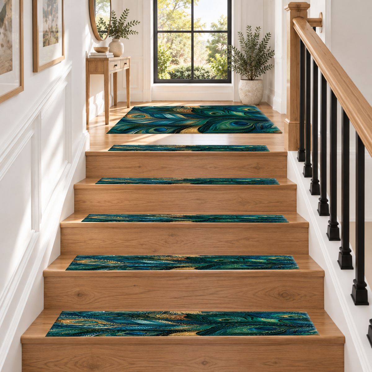 Blue Green Peacock Plume non-slip stair mat