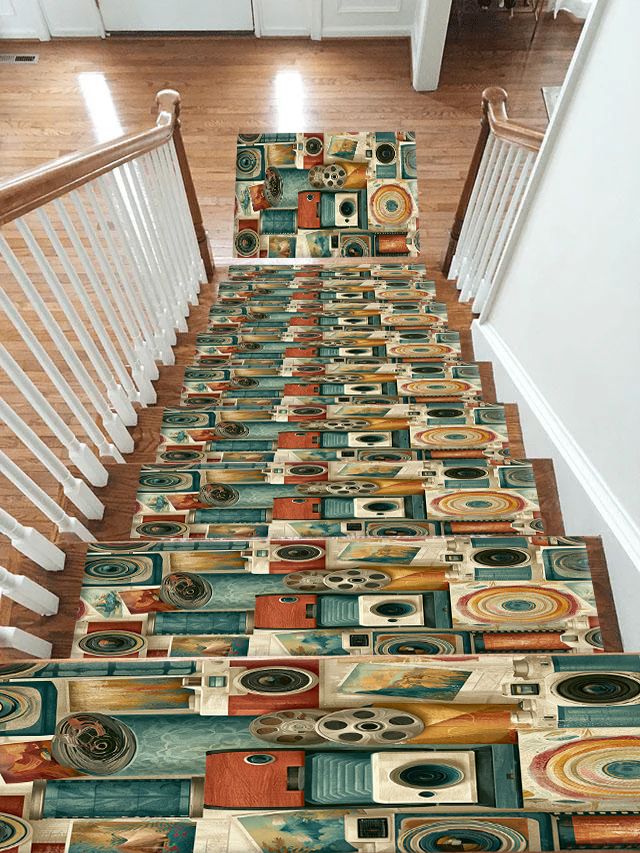 Vintage Camera and Film Reel Collage non-slip stair mat