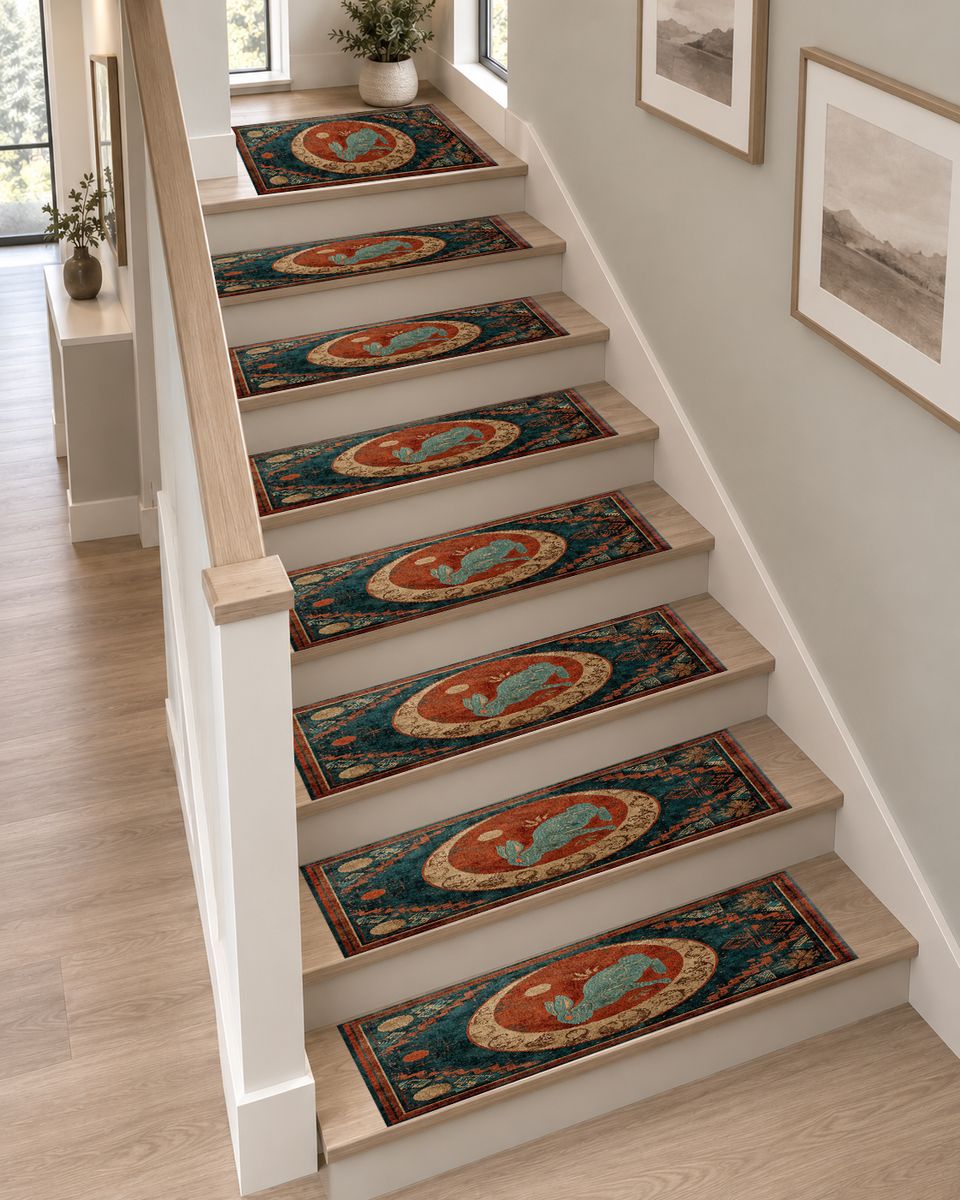 Teal Rabbit Moon Medallion non-slip stair mat